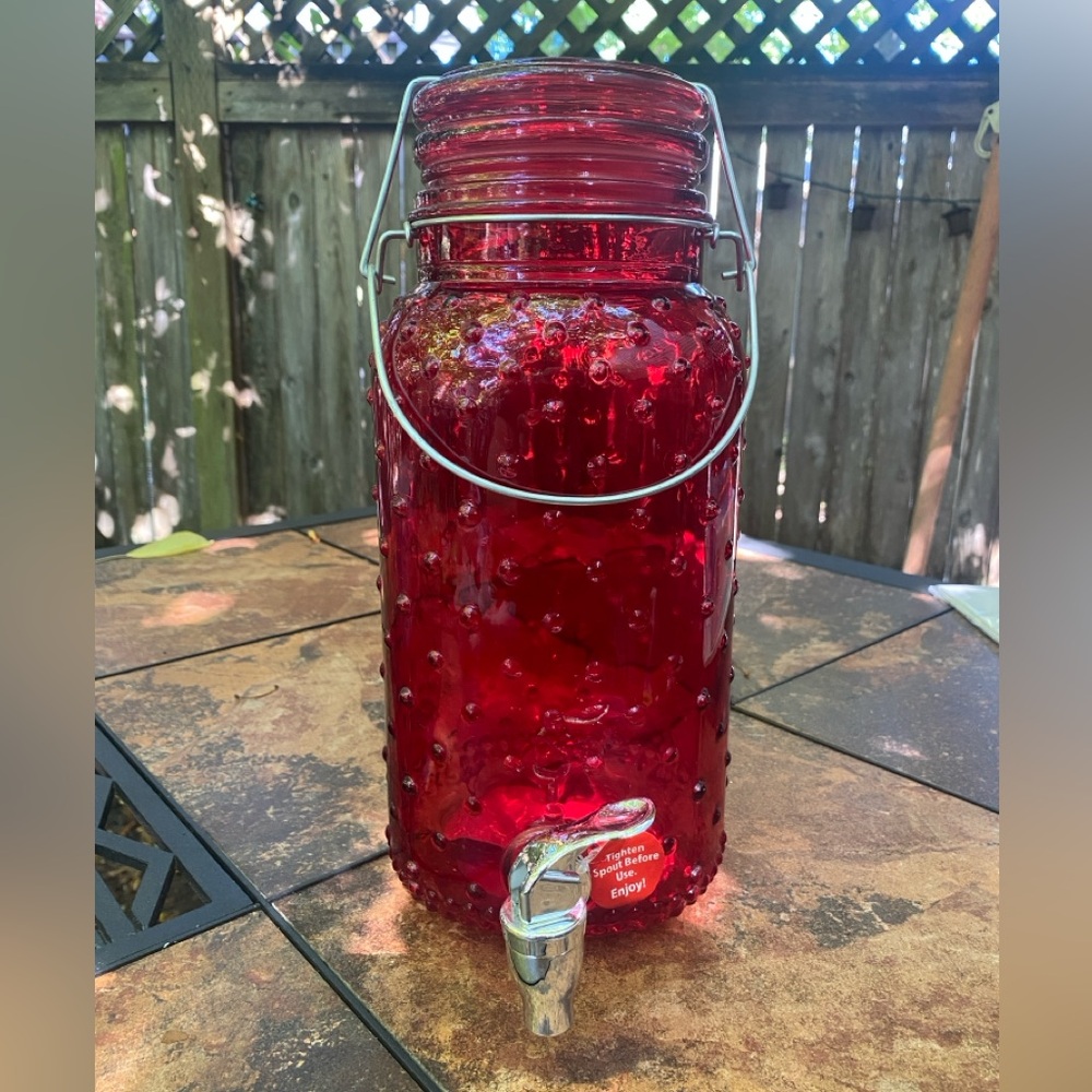 Red Glass Hobnail Mason Jar Style Cold Beverage Ice Tea Dispenser
W/Spout 1 GAL.